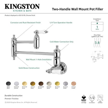 Kingston Brass KS310PLAC Restoration Wall Mount Pot Filler Kitchen Faucet, Copper KS310PLAC